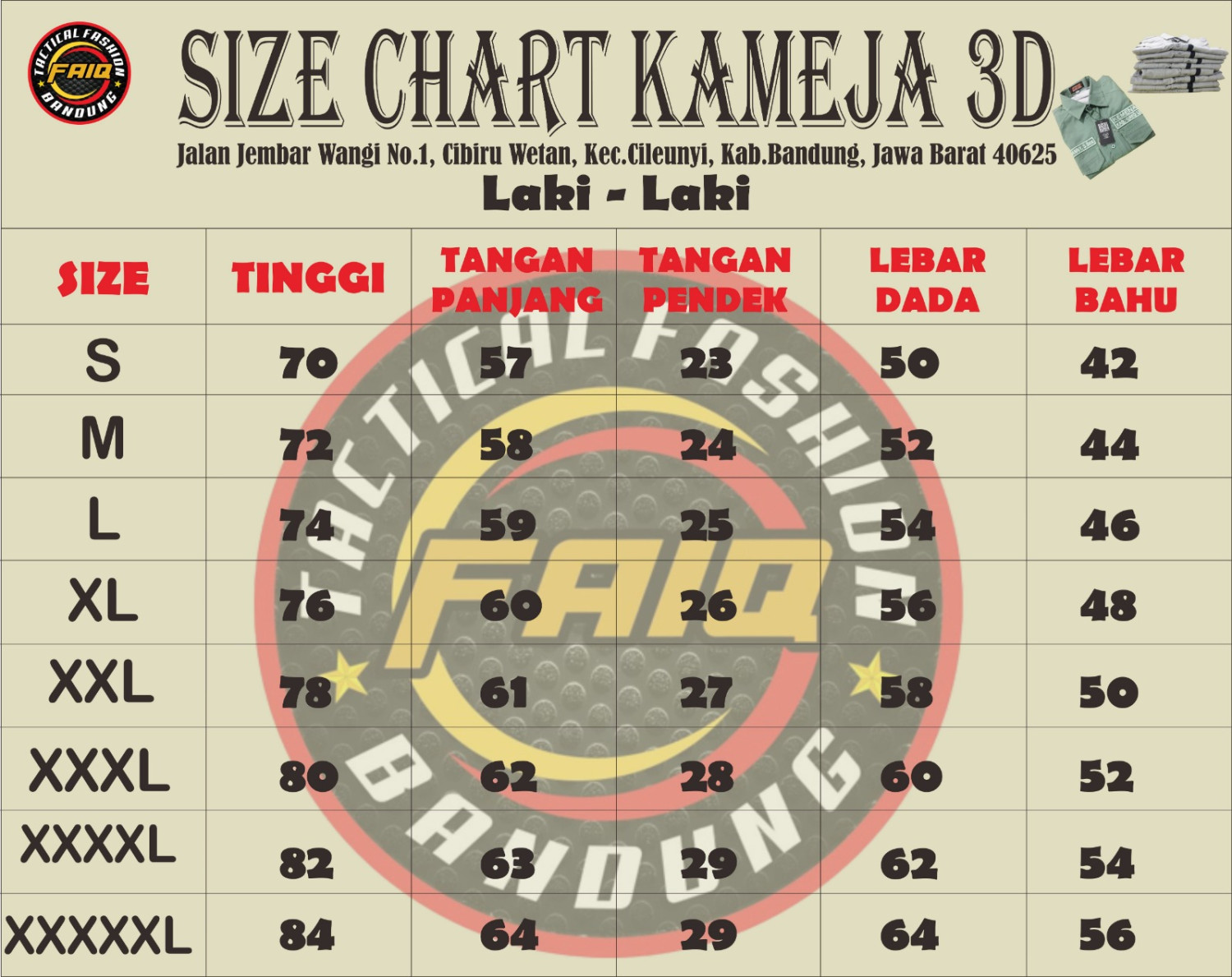 Tactical Fashion Size Chart Kemeja Laki-Laki
